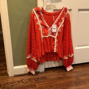 Free People Red Embroidered Blouse